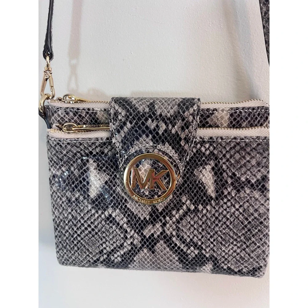 Michael Kors Snakeskin Embossed Crossbody Bag Grey Black Gold MK Logo